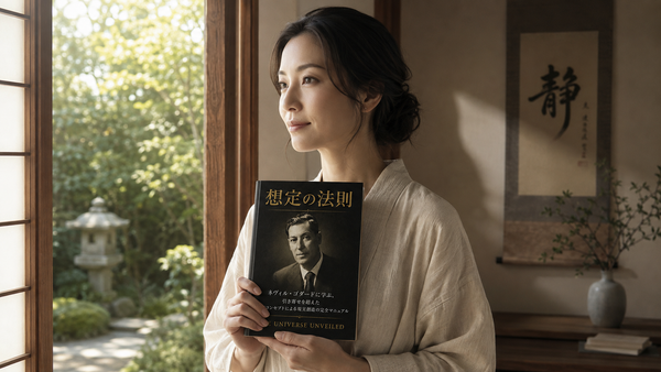静かな窓辺に立つ女性と、その手にある日本語版『想定の法則』— ネヴィル・ゴダードが説いたセルフコンセプトによる現実創造を表すイメージ