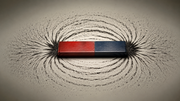 Bar magnet drawing iron filings into field lines — the central metaphor of The Secret by Rhonda Byrne, examined in a deep reading
