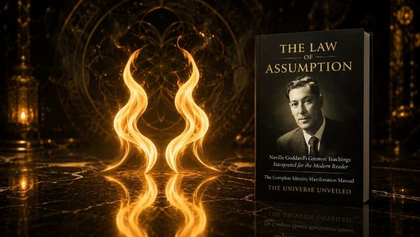 Two flames mirrored against a dark gold surface — twin flame union understood as a state of consciousness in Neville Goddard's Law of Assumption