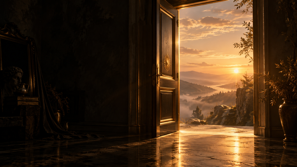 A single door standing open in dark gold light, one side in shadow and one in dawn — the 9/9 portal understood as the vacating of an old state in Neville Goddard's Law of Assumption