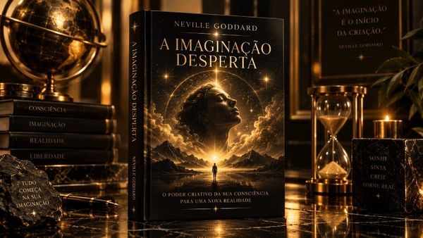 Capa do livro A Imaginação Desperta de Neville Goddard sobre fundo escuro com detalhes dourados