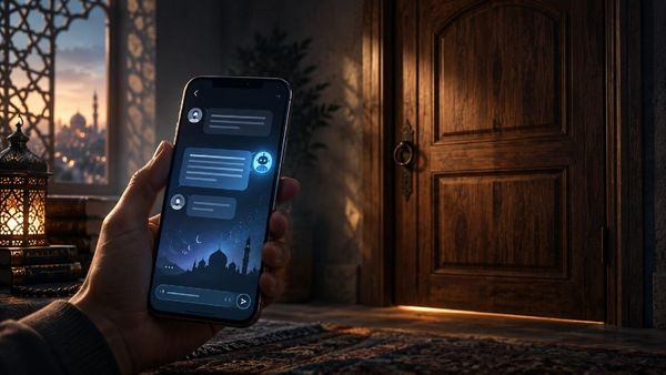 A glowing chat window on a phone beside a closed wooden door, contrasting AI spiritual guidance with Abdullah's refusal