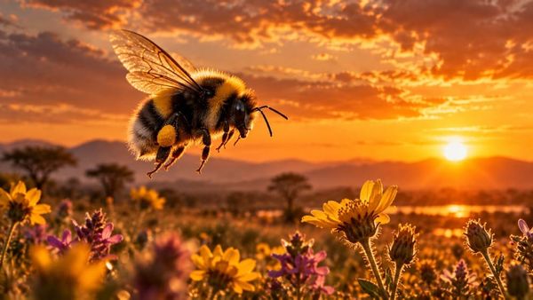 Un bombo in volo sopra i fiori di campo gialli e viola al tramonto, con le ali controluce, simbolo del mito del calabrone che non potrebbe volare