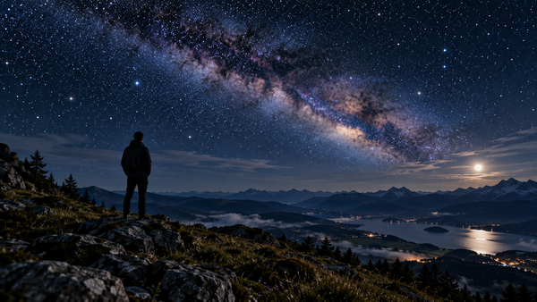 : A lone figure on a rocky ridge at night looking out over a moonlit valley beneath the Milky Way