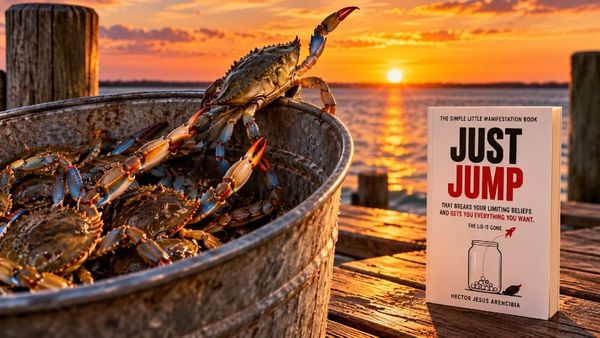 A metal bucket of blue crabs on a wooden dock at sunset, with one crab climbing over the rim while the others stay below, beside a copy of Just Jump by Hector Jesus Arencibia