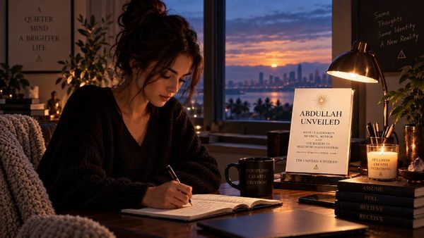 A lone figure at a desk before dawn, symbolizing the daily discipline behind Abdullah's Law of Assumption