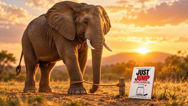 A full-grown elephant tied by a thin rope to a small wooden stake at sunset, beside a copy of Just Jump by Hector Jesus Arencibia