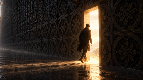 A person stepping through a glowing rectangular opening in a wall of dark repeating patterns trying to escape the matrix