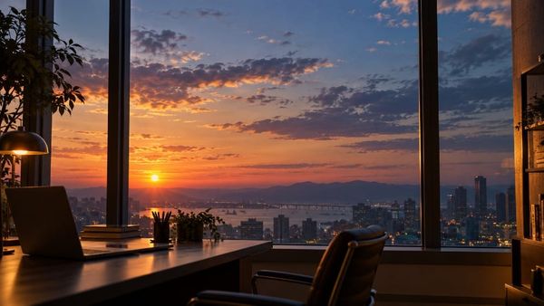 An empty office desk at sunset with a wide city and sky view beyond the window