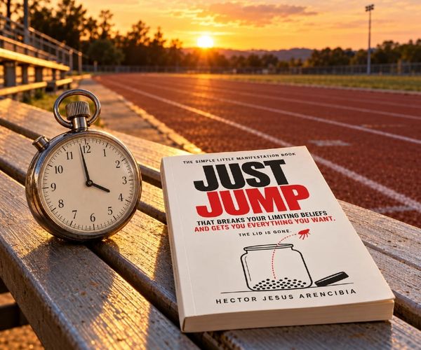 A vintage stopwatch with its hands just short of four, resting on a wooden bench beside an empty running track at sunset, next to a copy of Just Jump by Hector Jesus Arencibia