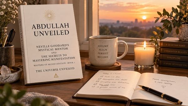 A journal and a lit candle on a desk at dawn, symbolizing a four-month Great Lock-In built on Neville Goddard's Law of Assumption