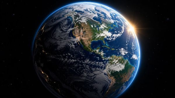 Earth seen from space with sunlight breaking over the horizon and a blue atmospheric rim against the dark