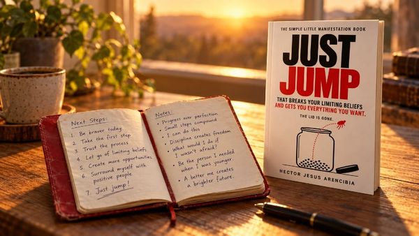 A worn red notebook open on a wooden desk to a handwritten list of next steps ending with "Just jump," beside a copy of Just Jump by Hector Jesus Arencibia at sunset