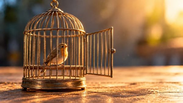 A small bird sitting on its perch inside a brass cage with the door wide open, illustrating learned helplessness