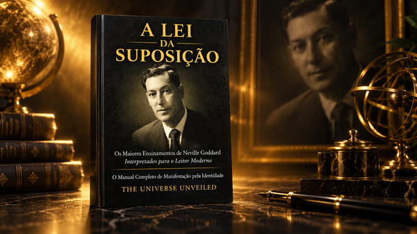 Retrato de Neville Goddard, autor da Lei da Suposição, com fundo escuro e detalhes dourados