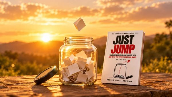 An open glass jar full of folded paper notes with one note floating out over the rim, beside a copy of Just Jump by Hector Jesus Arencibia