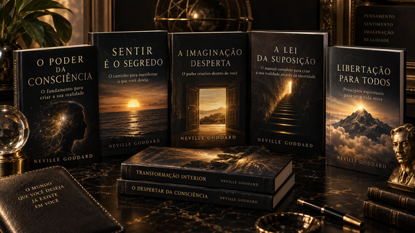 Coleção de livros de Neville Goddard dispostos sobre fundo escuro com detalhes dourados