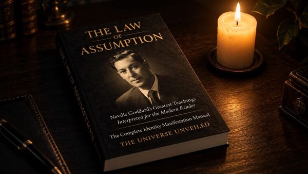 The Law of Assumption by The Universe Unveiled resting beside a single lit candle on a dark desk at night