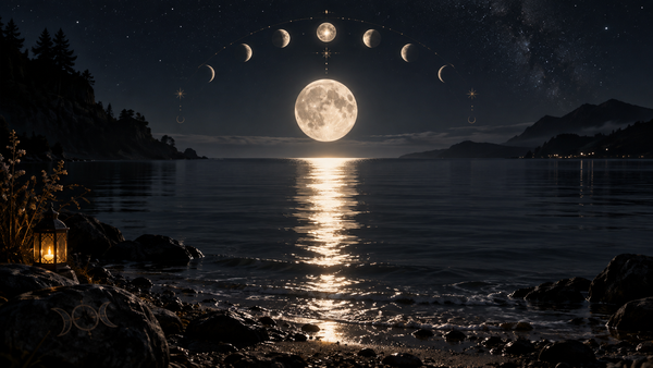 Full moon low over still dark water with a silver path of reflected light stretching toward the shore, representing the lunar cycle as a ritual calendar