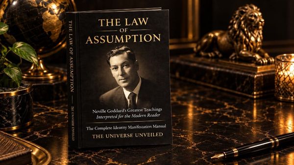 The Law of Assumption book by The Universe Unveiled displayed on a dark black-and-gold surface inspired by Neville Goddard’s Five Lessons.