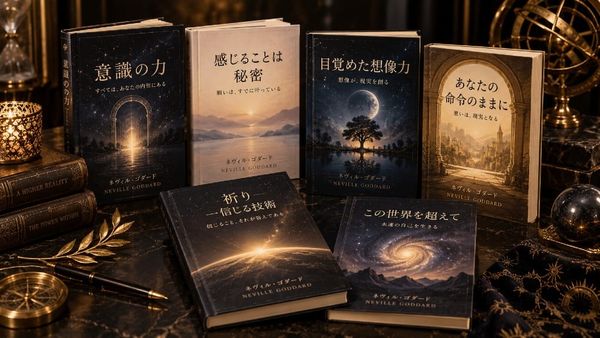暗い背景に金色の装飾とともに並べられたネヴィル・ゴダードの著作