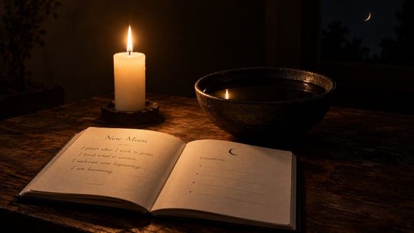 A single white candle burning beside a dark bowl of still water and an open journal on a bare altar, lit only by candlelight, representing the new moon planting rite