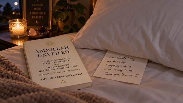 A folded handwritten note tucked beneath a white pillow on a dimly lit bed, illustrating the pillow method for manifestation