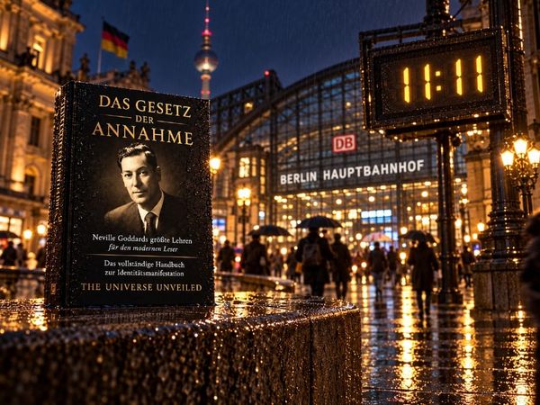 Bahnhofsuhr mit 11:11 vor dem Berliner Hauptbahnhof im Regen, daneben das Buch Das Gesetz der Annahme