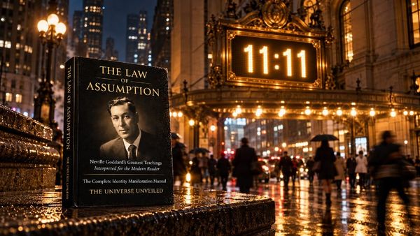 An illuminated station clock reading 11:11 above a rain-soaked city street at night, with The Law of Assumption by The Universe Unveiled resting on a stone ledge in the foreground