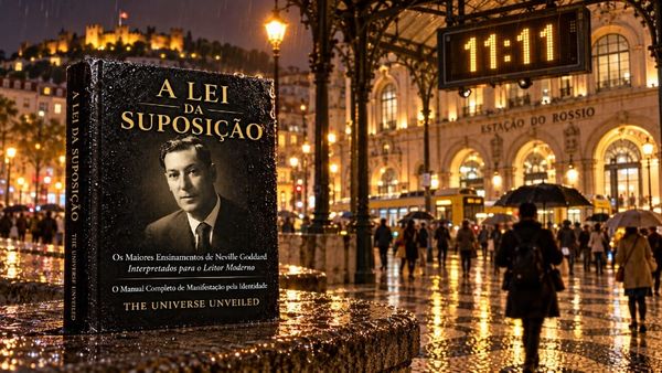 Relógio de estação marcando 11:11 na Estação do Rossio sob a chuva, com o livro A Lei da Suposição