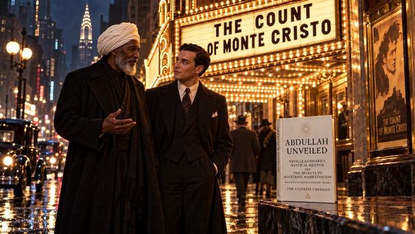 Neville Goddard and his teacher Abdullah outside a 1930s New York cinema showing The Count of Monte Cristo, with Abdullah Unveiled on the ledge beside them