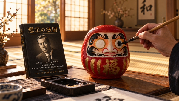 障子越しに朝の光が差す和室で、筆で目を入れられている「福」の字の赤いだるまと、硯、梅の枝、そのそばに立てかけられた The Universe Unveiled 刊『想定の法則』— だるまの目入れ（開眼）の場面