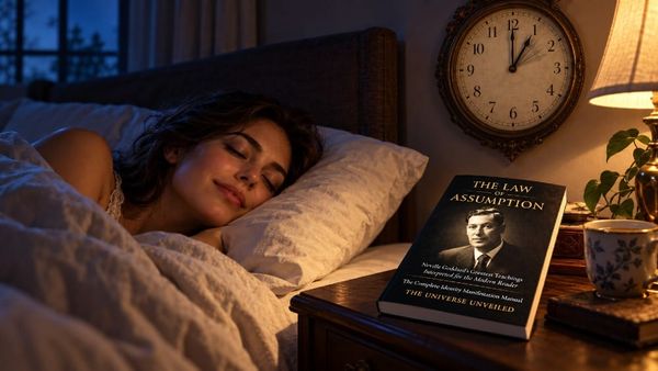 A woman asleep and smiling as the bedroom clock turns back to 1:00 a.m., with The Law of Assumption on the nightstand