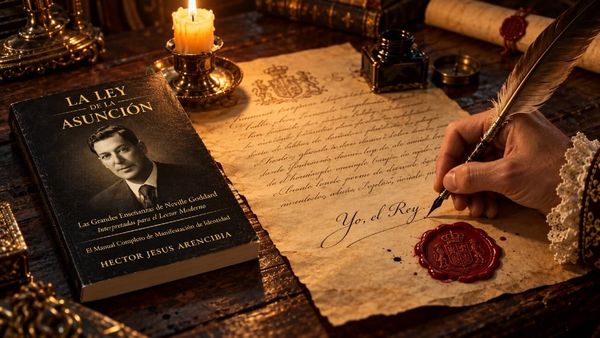 Mano que firma “Yo, el Rey” con pluma junto a un sello de cera y el libro La Ley de la Asunción