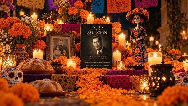 Ofrenda de Día de Muertos con cempasúchil, velas, pan de muerto, una Catrina y el libro La Ley de la Asunción