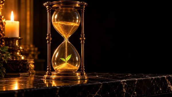 **Alt text**  Brass hourglass with gold sand falling on a green seedling, symbolizing divine timing in the Law of Assumption