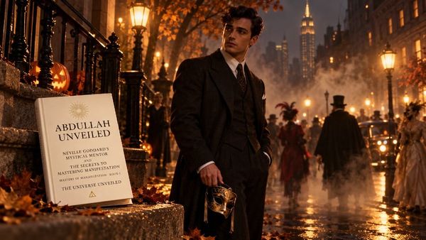A young man in a dark 1930s suit holds a carnival mask on a misty Halloween night in New York, surrounded by costumed figures, with Abdullah Unveiled by The Universe Unveiled on a stone