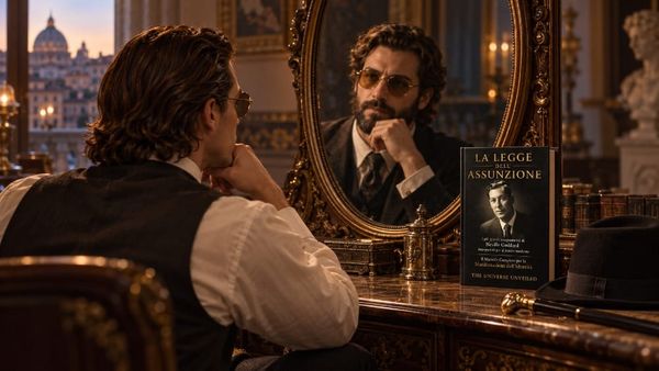 Mattia Pascal davanti a uno specchio a Roma, il riflesso con la barba di prima e il libro La Legge dell’Assunzione sul comò