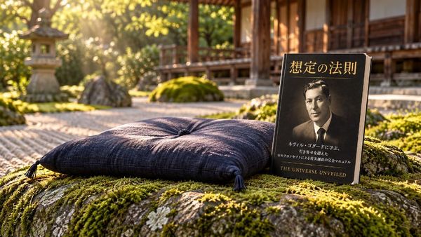 朝の光が差す禅寺の庭で、苔むした大きな石の上に置かれた座布団と、そばに立てかけられた The Universe Unveiled 刊『想定の法則』