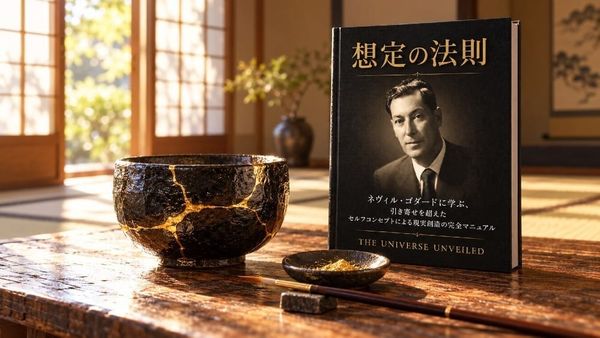 朝の光が差す和室で、金の継ぎ目が走る黒い茶碗と金粉の小皿、筆、そして The Universe Unveiled 刊『想定の法則』