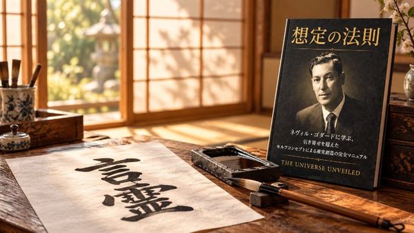 朝の光が差す和室の文机に、筆書きの半紙と硯、筆、そばに立てかけられた The Universe Unveiled 刊『想定の法則』