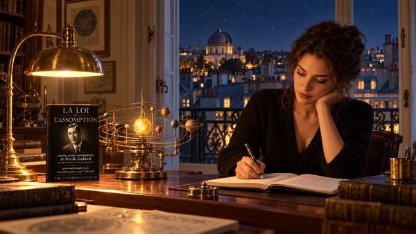 Une femme écrit dans un carnet la nuit près d’un planétaire en laiton et du livre La Loi de l’Assomption, face aux toits de Paris