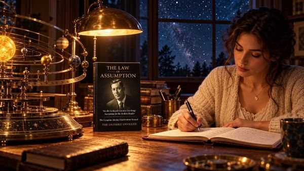 A woman writing calmly in a journal beside a brass orrery under a starry window, with The Law of Assumption on the desk