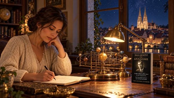 Eine Frau schreibt nachts in ein Notizbuch neben einem Messing-Planetarium und dem Buch Das Gesetz der Annahme, dahinter der Regensburger Dom