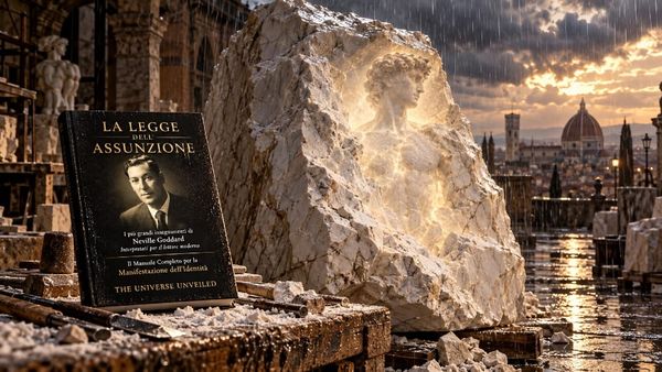 Il David di Michelangelo visibile dentro un blocco di marmo grezzo sotto la pioggia in un cortile fiorentino, accanto al libro La Legge dell'Assunzione di The Universe Unveiled