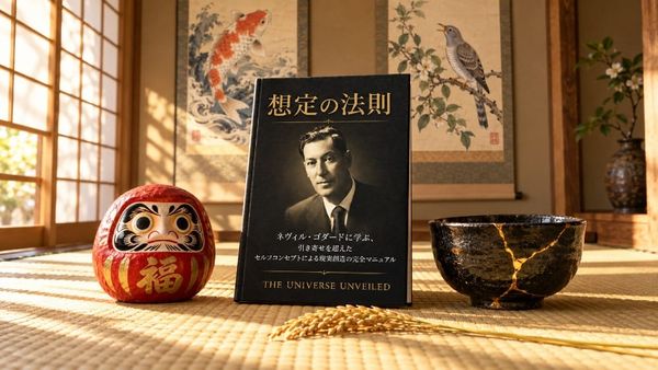 朝の光が差す和室の畳に、両目の入った赤いだるま、金継ぎの茶碗、稲わら、鯉とホトトギスの掛け軸が並び、中央に The Universe Unveiled 刊『想定の法則』