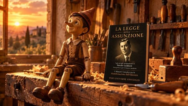 Pinocchio, il burattino di legno con il cappello rosso a punta, seduto sul banco di una vecchia bottega di falegname toscana al tramonto, con La Legge dell'Assunzione di The Universe Unveiled