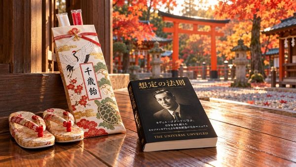 千歳飴の袋と小さな草履、本『想定の法則』が神社の縁側に並び、奥に朱色の鳥居と紅葉