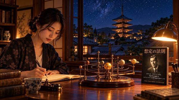 星空の京都の塔を背に、真鍮の太陽系儀と『想定の法則』の横でノートに書く女性