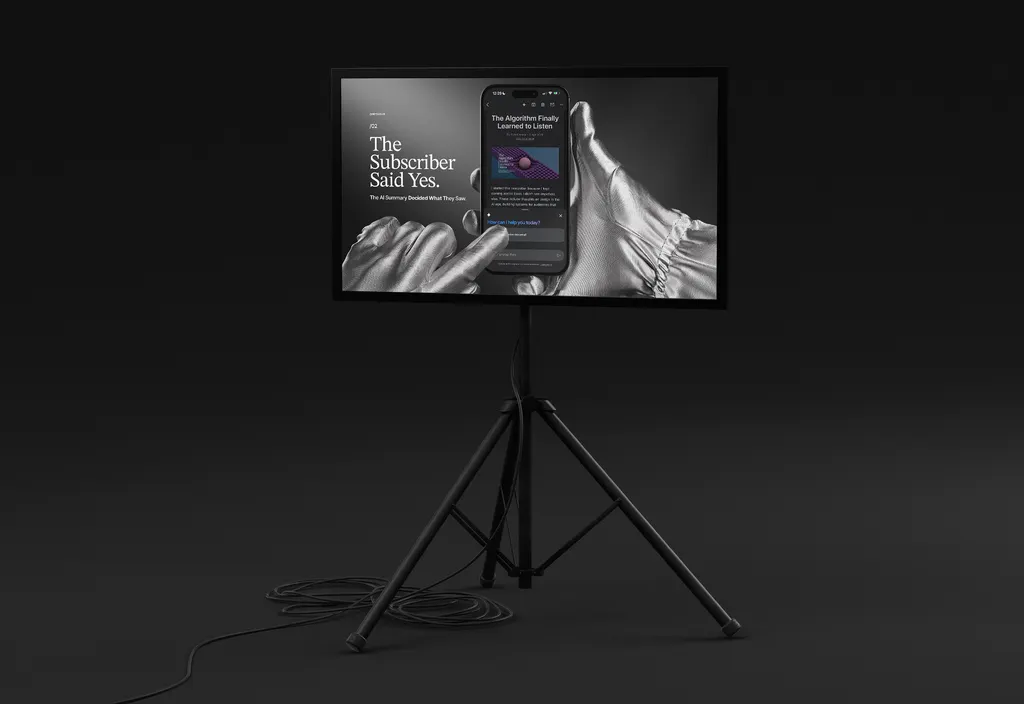 Dark editorial mockup of a monitor on a tripod displaying the Issue 02 newsletter graphic. Title reads: The Subscriber Said Yes. The AI Summary Decided What They Saw.